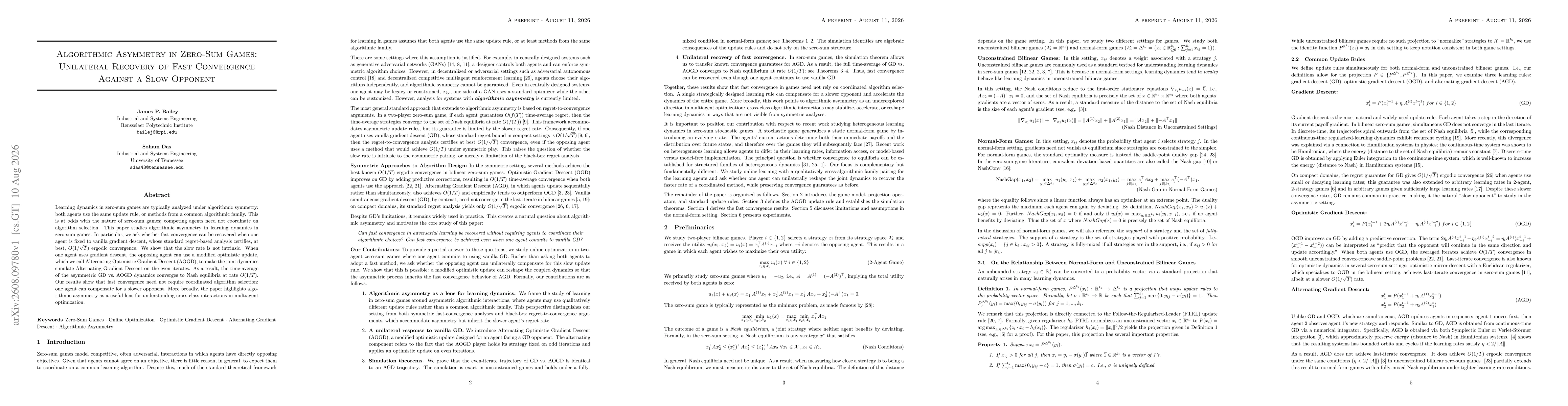 Thumbnail for Algorithmic Asymmetry in Zero-Sum Games: Unilateral Recovery of Fast Convergence Against a Slow Opponent