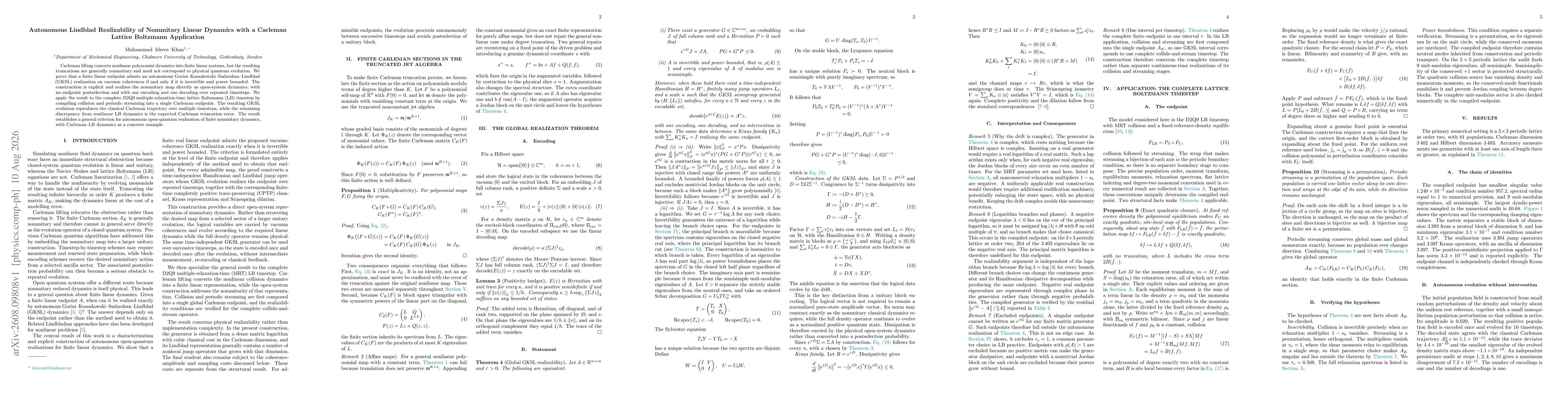 Thumbnail for Autonomous Lindblad Realizability of Nonunitary Linear Dynamics with a Carleman Lattice Boltzmann Application