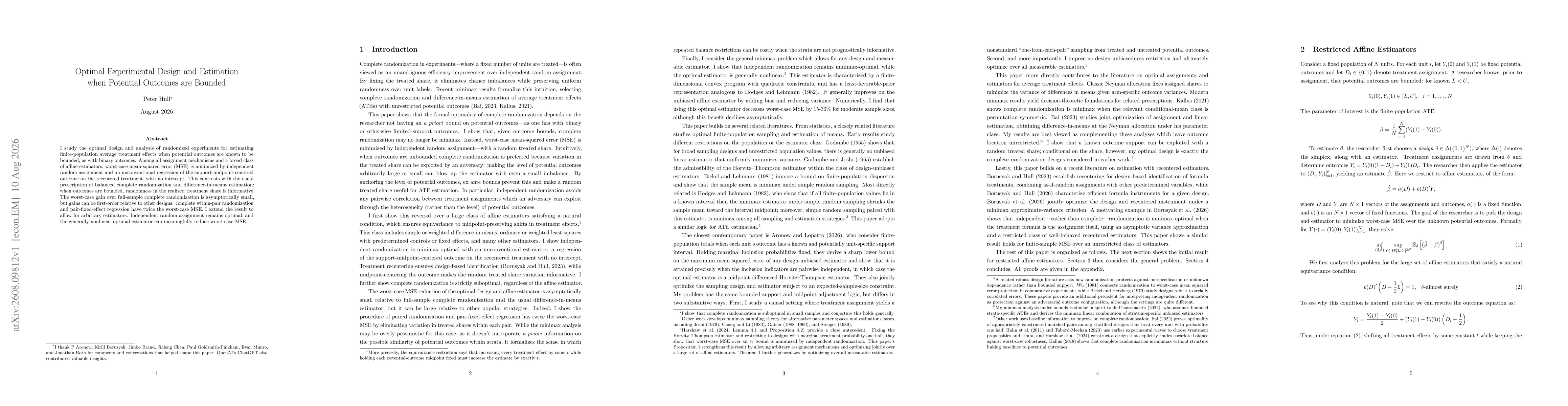 Thumbnail for Optimal Experimental Design and Estimation when Potential Outcomes are Bounded
