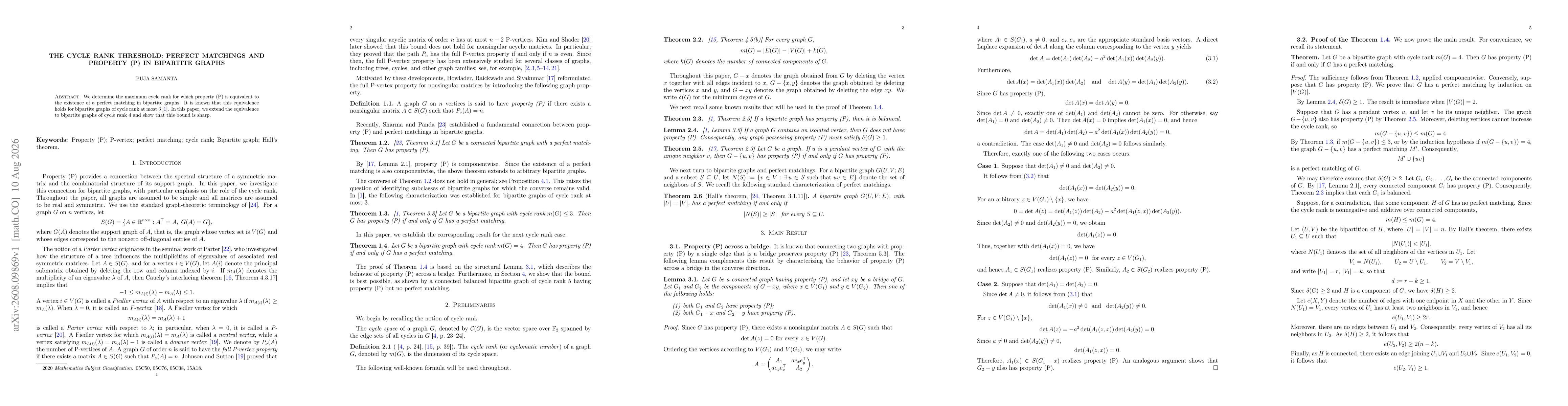 Thumbnail for The Cycle Rank Threshold: Perfect Matchings and Property (P) in Bipartite Graphs