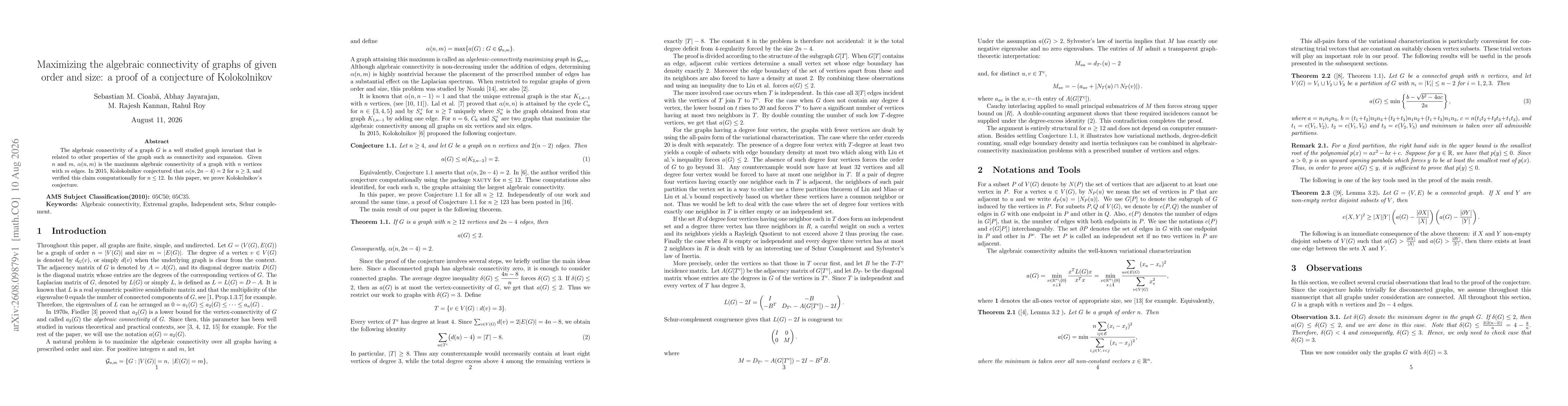 Thumbnail for Maximizing the algebraic connectivity of graphs of given order and size: a proof of a conjecture of Kolokolnikov
