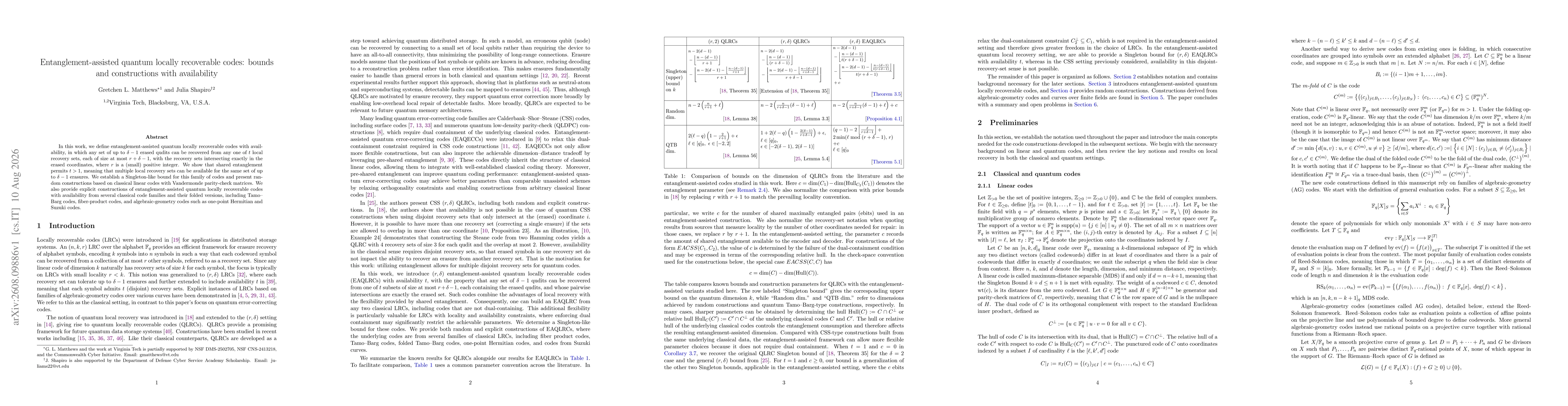 Thumbnail for Entanglement-assisted quantum locally recoverable codes: bounds and constructions with availability