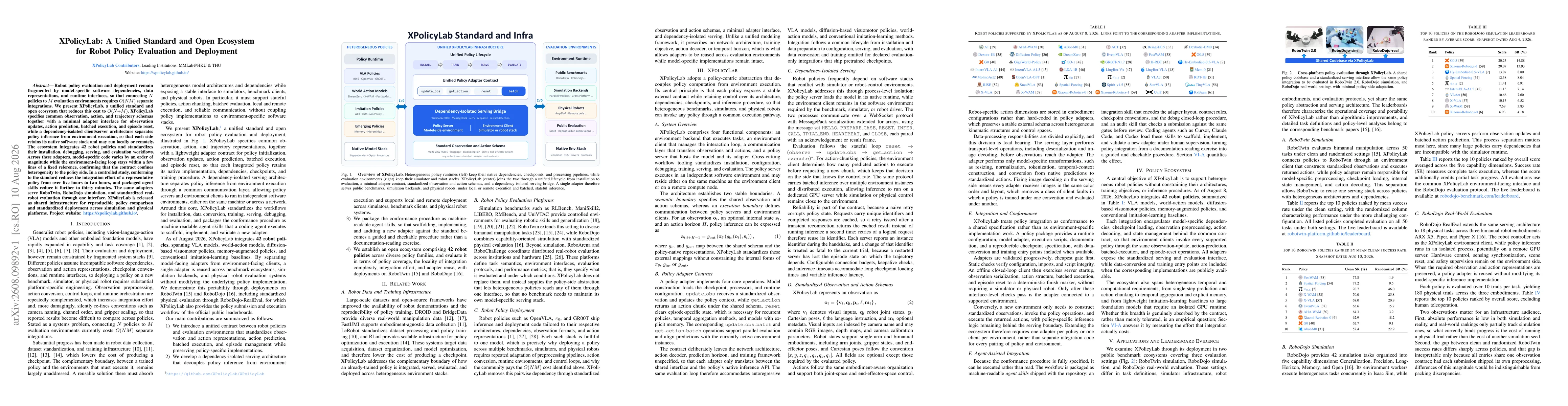 Thumbnail for XPolicyLab: A Unified Standard and Open Ecosystem for Robot Policy Evaluation and Deployment