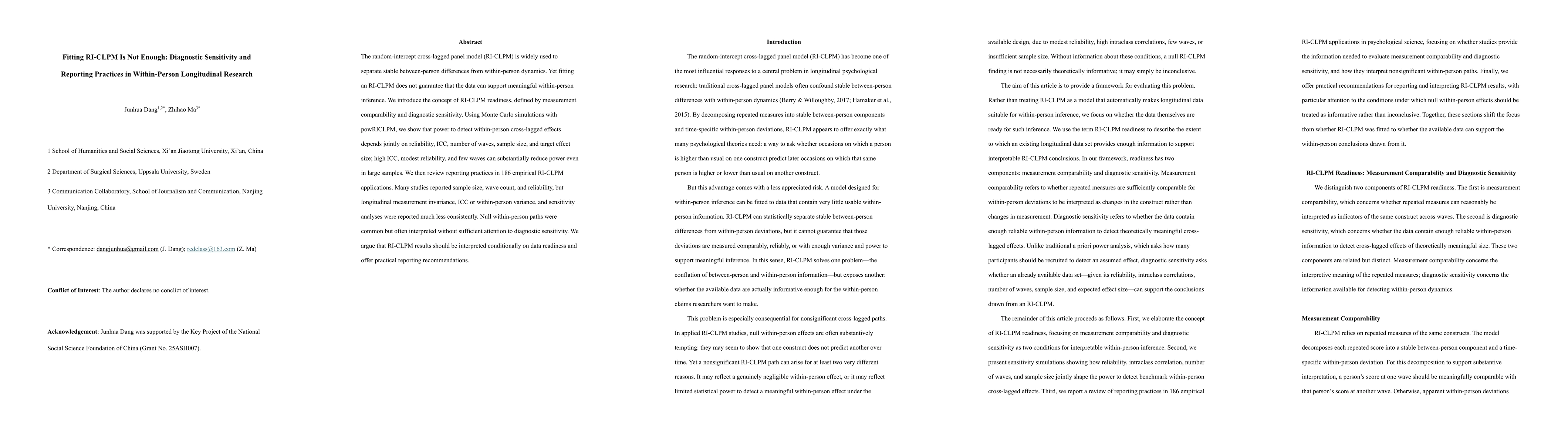 Thumbnail for Fitting RI-CLPM Is Not Enough: Diagnostic Sensitivity and Reporting Practices in Within-Person Longitudinal Research