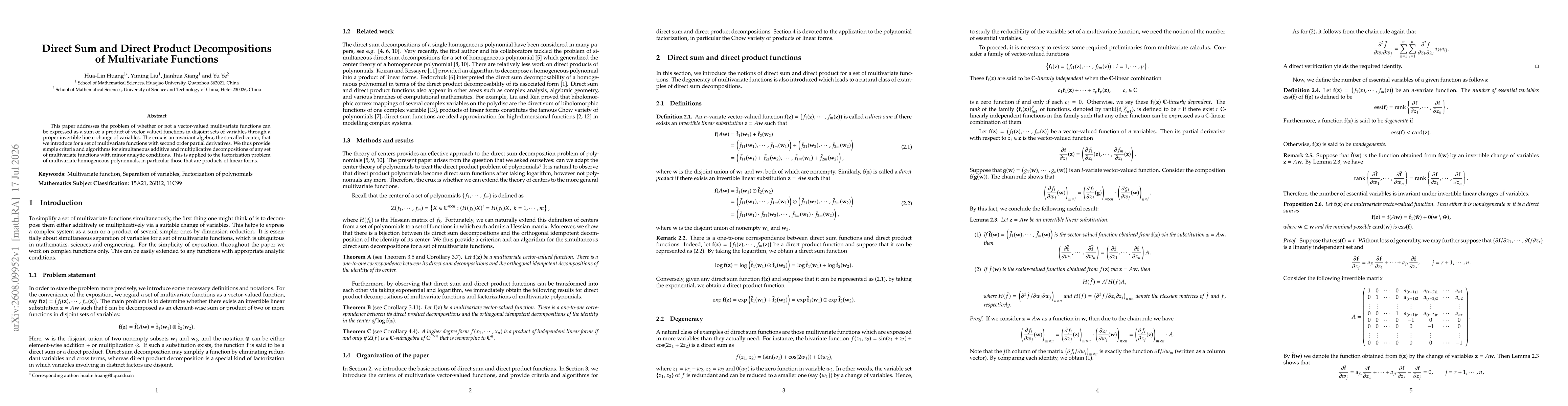 Thumbnail for Direct Sum and Direct Product Decompositions of Multivariate Functions