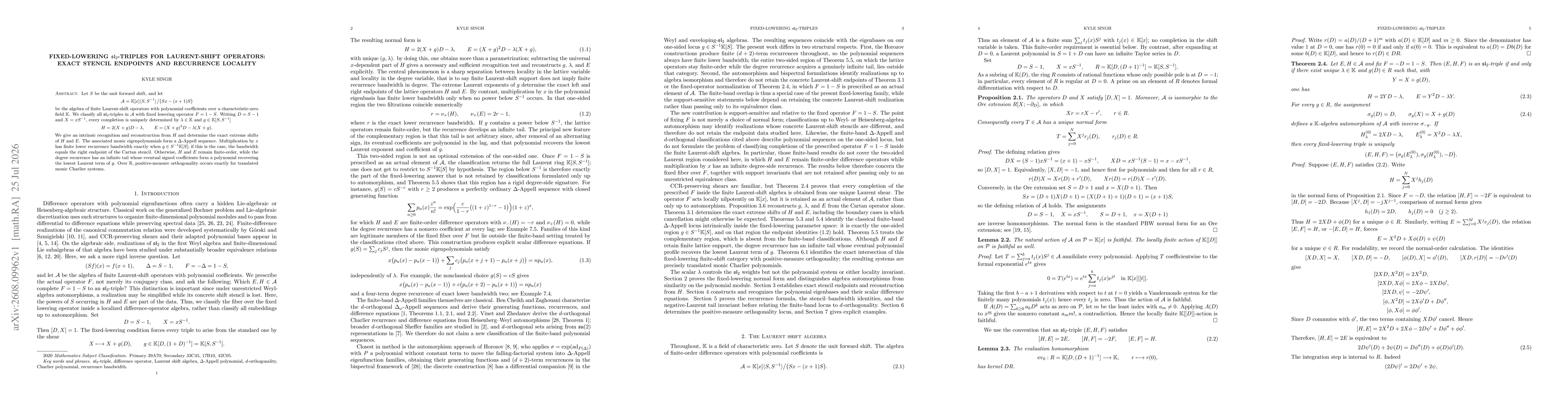 Thumbnail for Fixed-Lowering $\mathfrak{sl}_2$-Triples for Laurent-Shift Operators: Exact Stencil Endpoints and Recurrence Locality