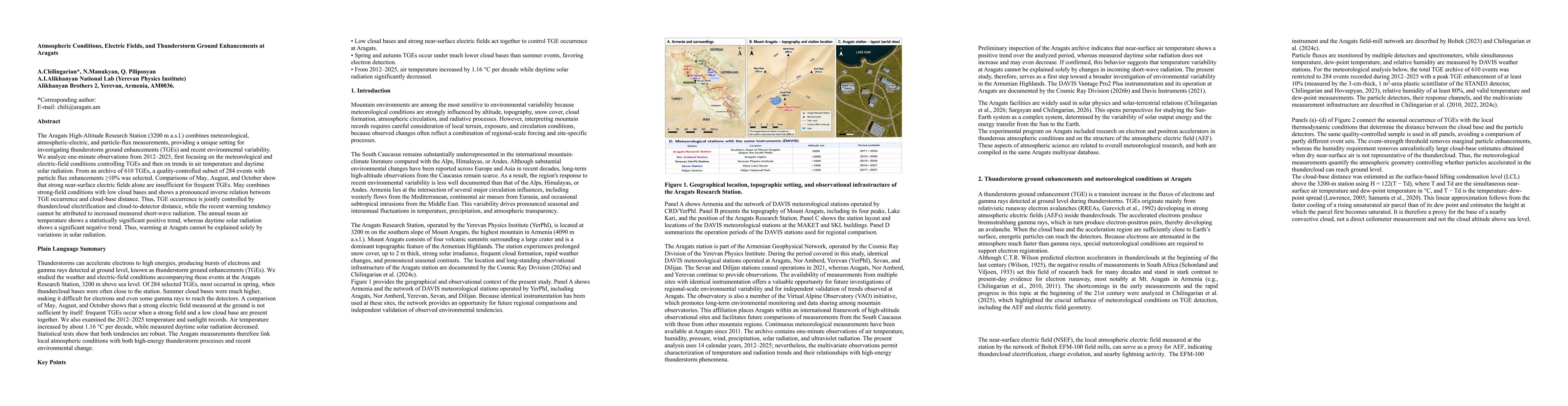 Thumbnail for Atmospheric Conditions, Electric Fields, and Thunderstorm Ground Enhancements at Aragats