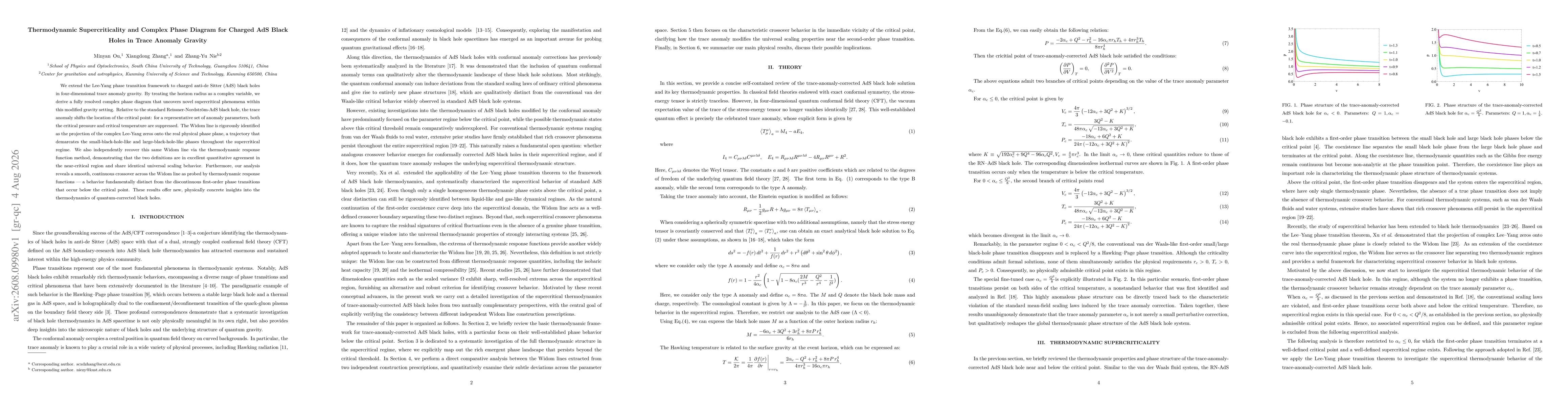 Thumbnail for Thermodynamic Supercriticality and Complex Phase Diagram for Charged AdS Black Holes in Trace Anomaly Gravity
