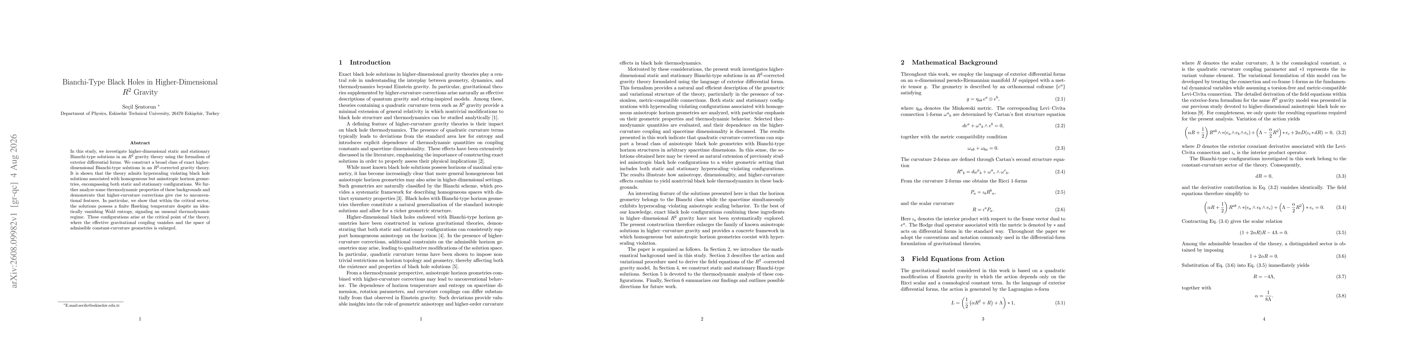 Thumbnail for Bianchi-Type Black Holes in Higher-Dimensional $R^2$ Gravity