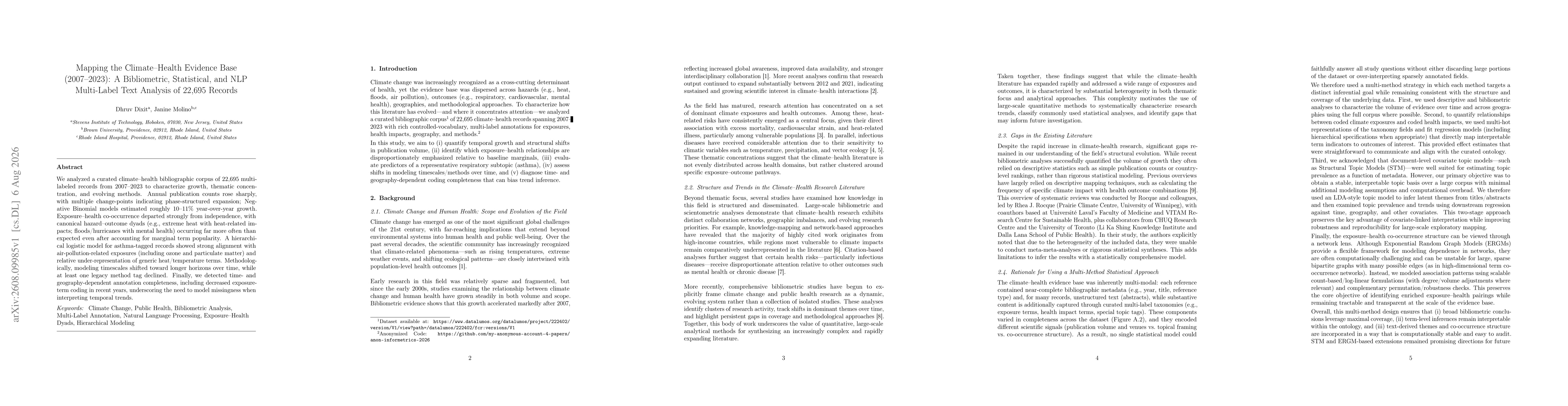 Thumbnail for Mapping the Climate-Health Evidence Base (2007-2023): A Bibliometric, Statistical, and NLP Multi-Label Text Analysis of 22,695 Records