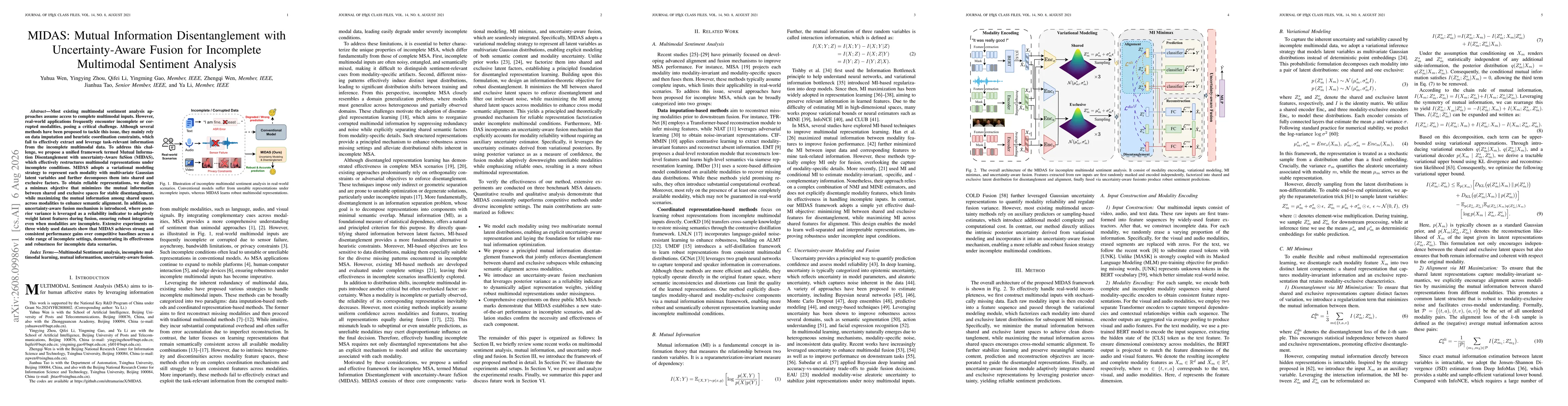 Thumbnail for MIDAS: Mutual Information Disentanglement with Uncertainty-Aware Fusion for Incomplete Multimodal Sentiment Analysis