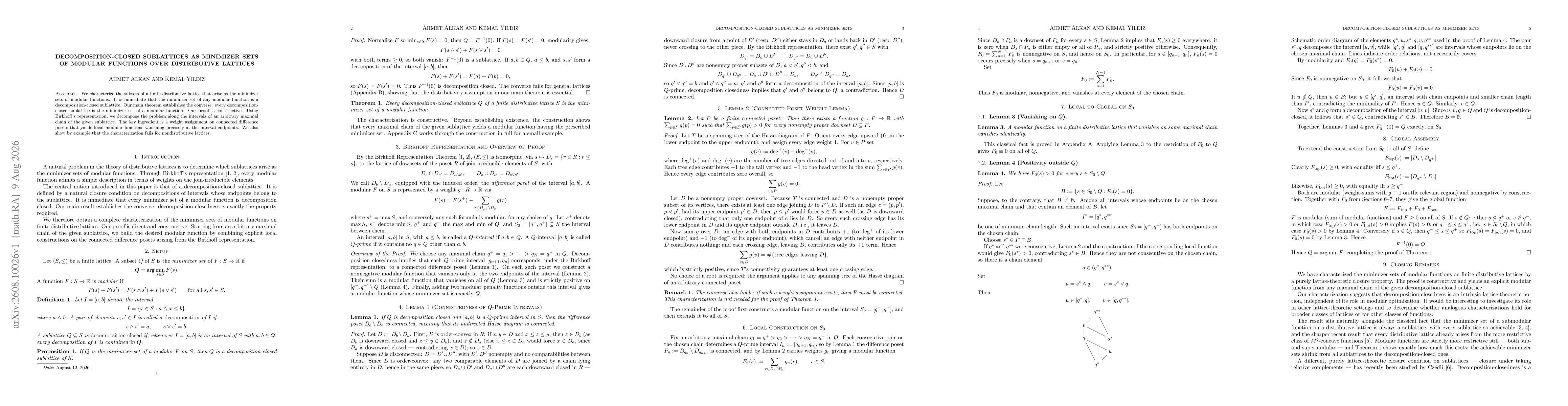 Thumbnail for Decomposition-Closed Sublattices as Minimizer Sets of Modular Functions over Distributive Lattices