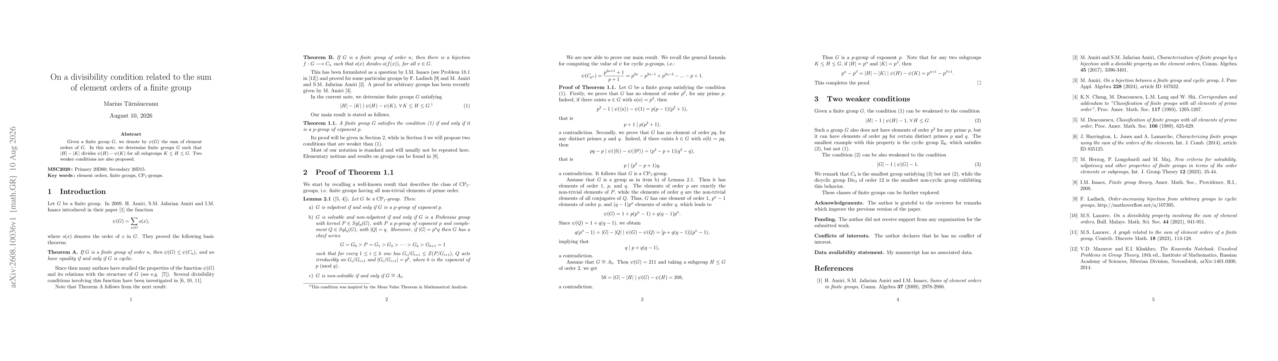Thumbnail for On a divisibility condition related to the sum of element orders of a finite group