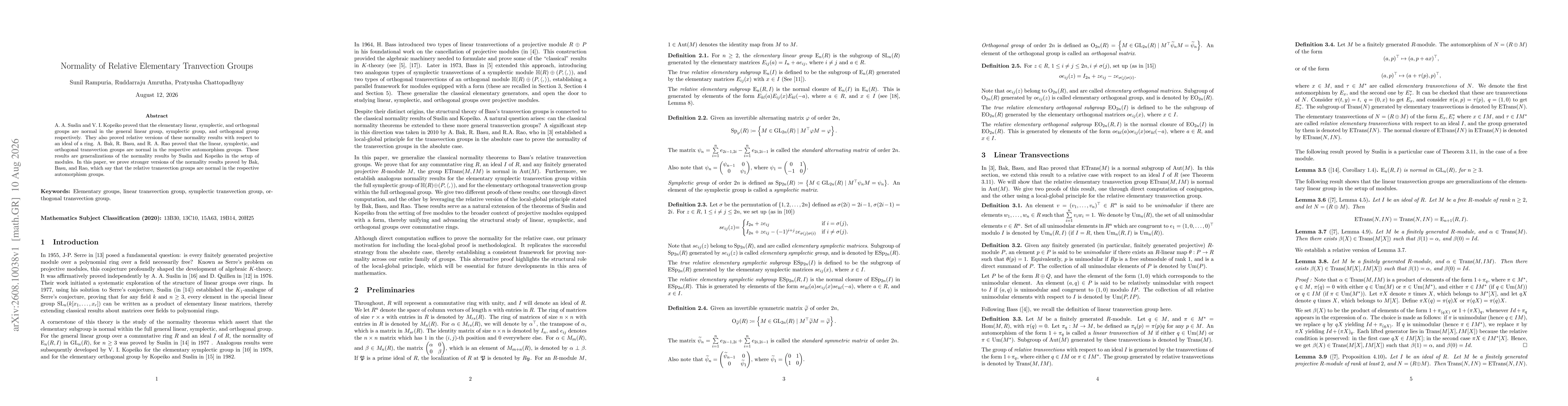 Thumbnail for Normality of Relative Elementary Tranvection Groups
