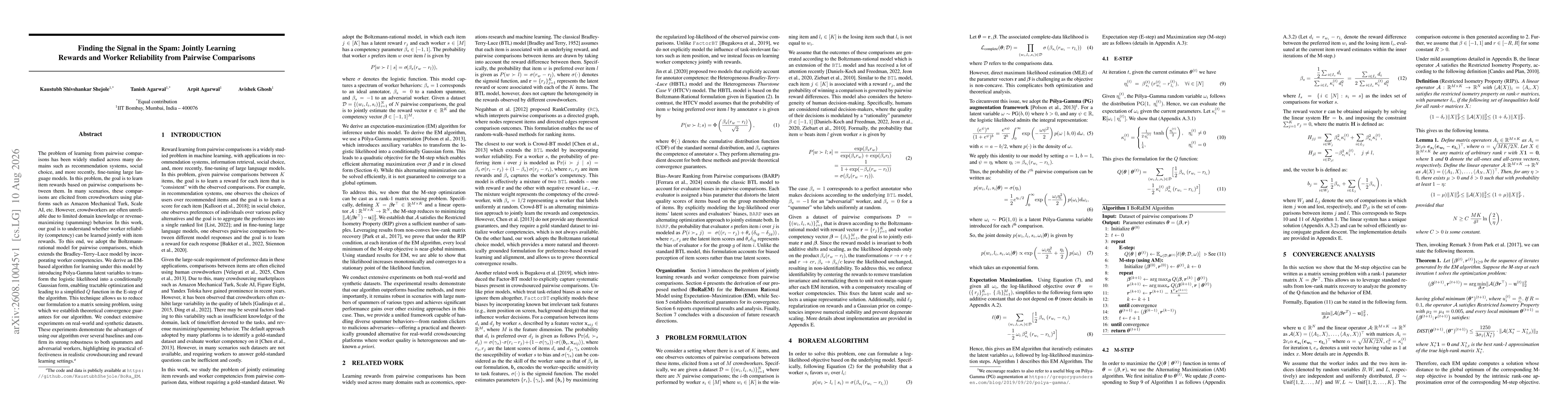 Thumbnail for Finding the Signal in the Spam: Jointly Learning Rewards and Worker Reliability from Pairwise Comparisons