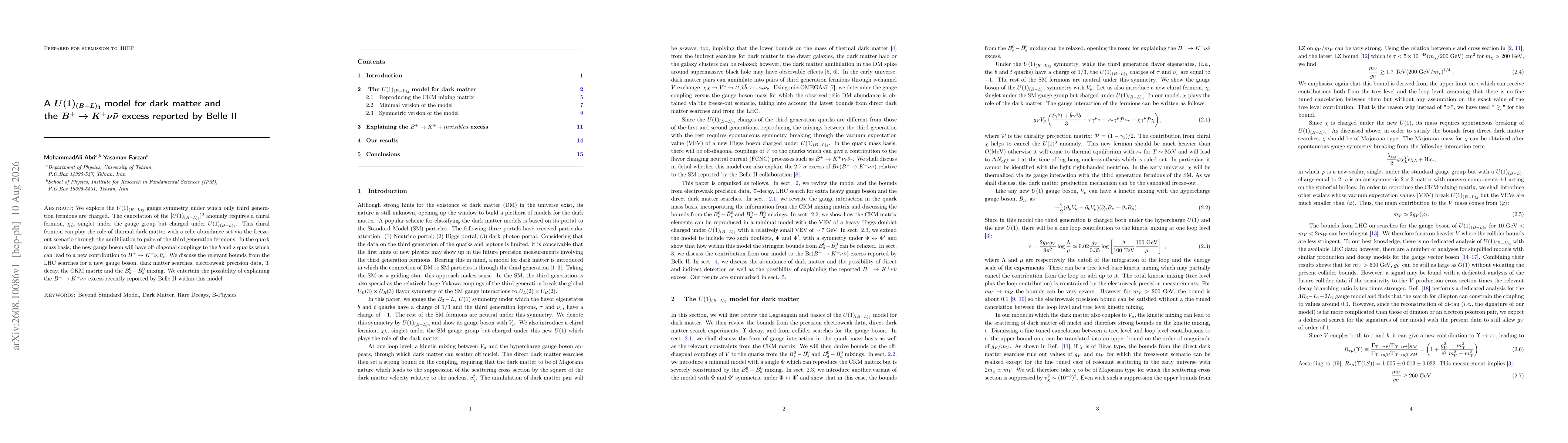 Thumbnail for A $U(1)_{(B-L)_3}$ model for dark matter and the $B^+\to K^+ν\barν$ excess reported by Belle II