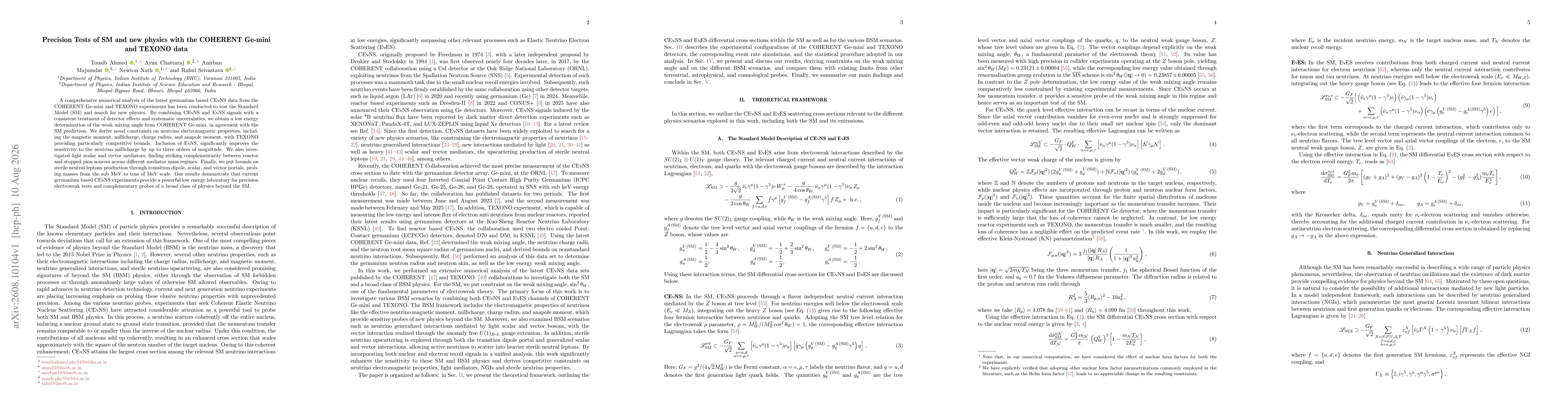Thumbnail for Precision Tests of SM and new physics with the COHERENT Ge-mini and TEXONO data