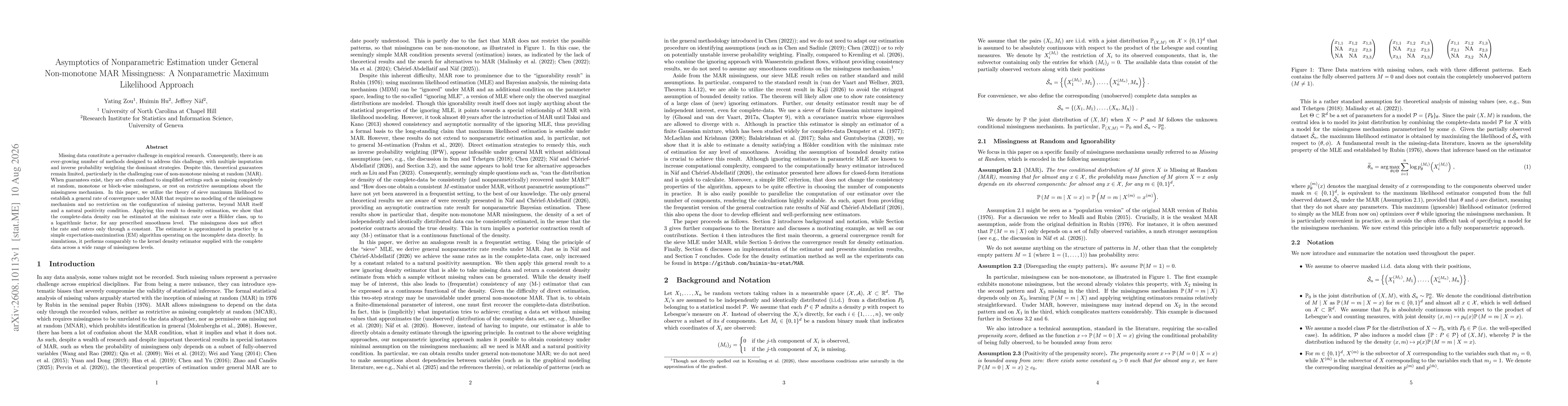 Thumbnail for Asymptotics of Nonparametric Estimation under General Non-monotone MAR Missingness: A Nonparametric Maximum Likelihood Approach