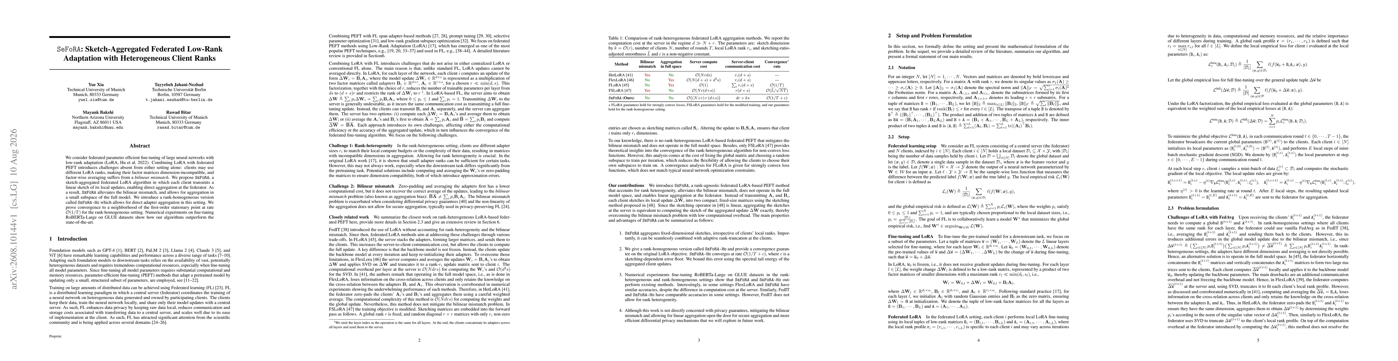 Thumbnail for SeFoRA: Sketch-Aggregated Federated Low-Rank Adaptation with Heterogeneous Client Ranks