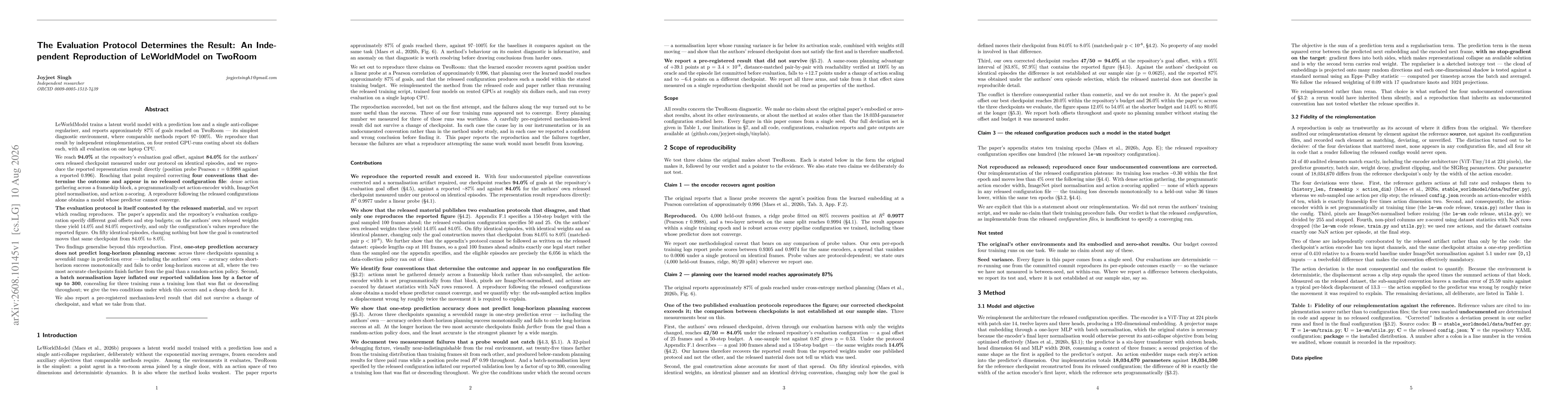 Thumbnail for The Evaluation Protocol Determines the Result: An Independent Reproduction of LeWorldModel on TwoRoom