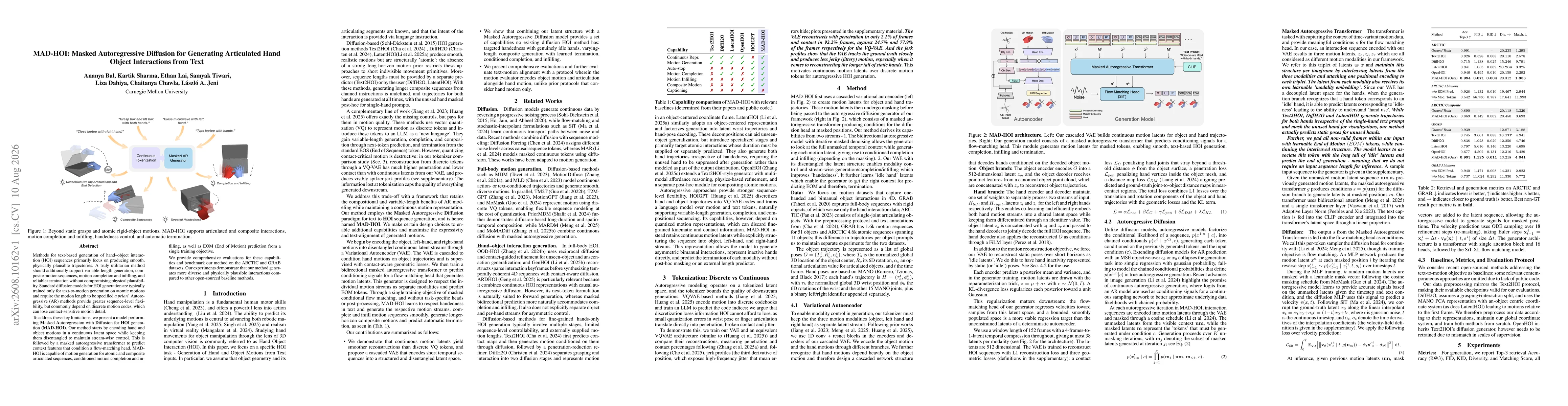 Thumbnail for MAD-HOI: Masked Autoregressive Diffusion for Generating Articulated Hand Object Interactions from Text