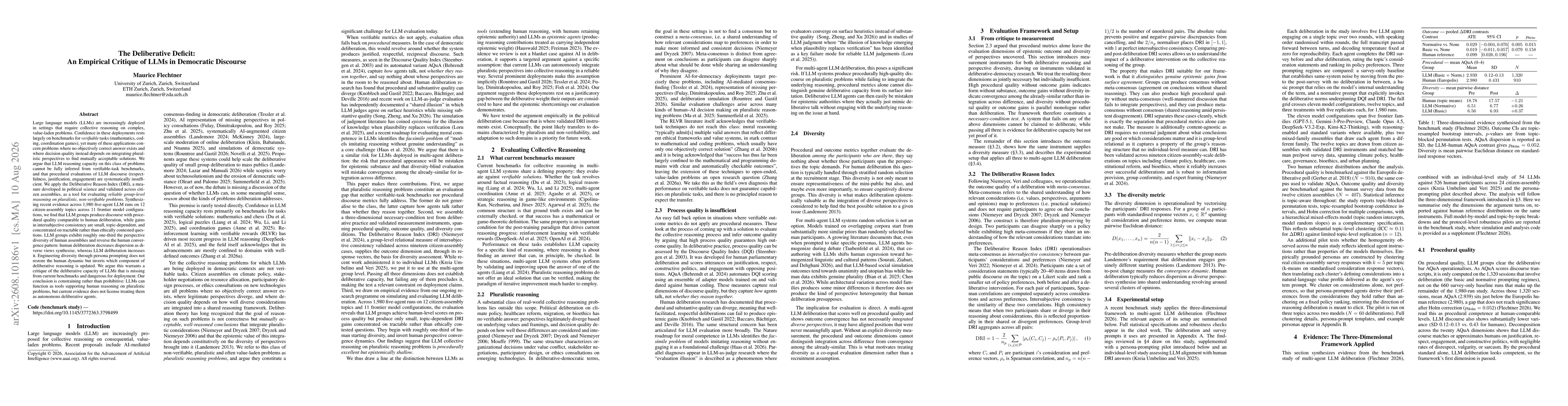 Thumbnail for The Deliberative Deficit: An Empirical Critique of LLMs in Democratic Discourse