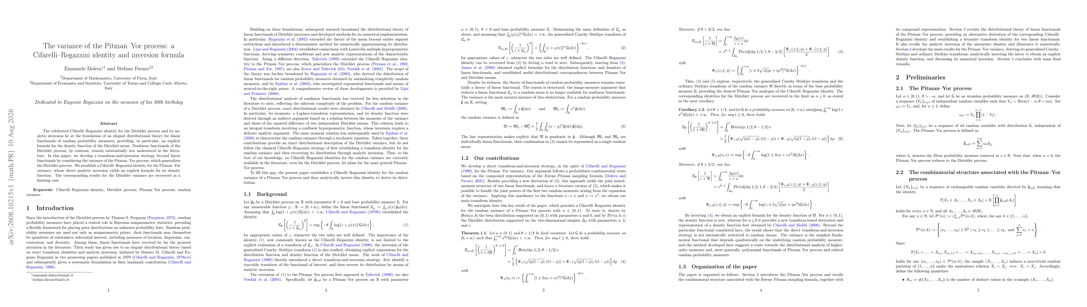 Thumbnail for The variance of the Pitman--Yor process: a Cifarelli--Regazzini identity and inversion formula