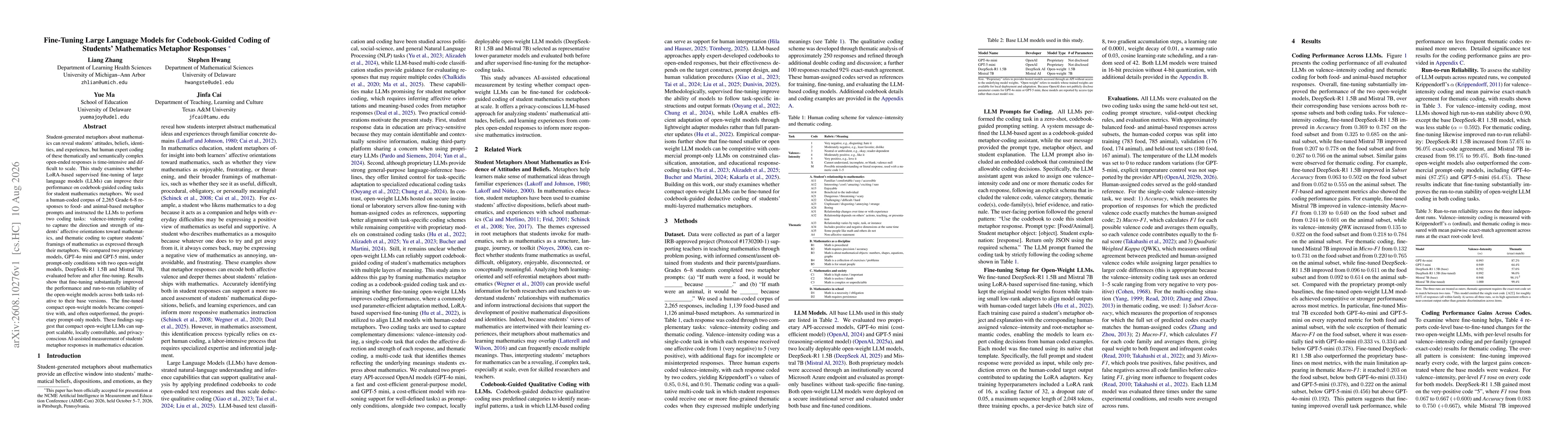 Thumbnail for Fine-Tuning Large Language Models for Codebook-Guided Coding of Students' Mathematics Metaphor Responses