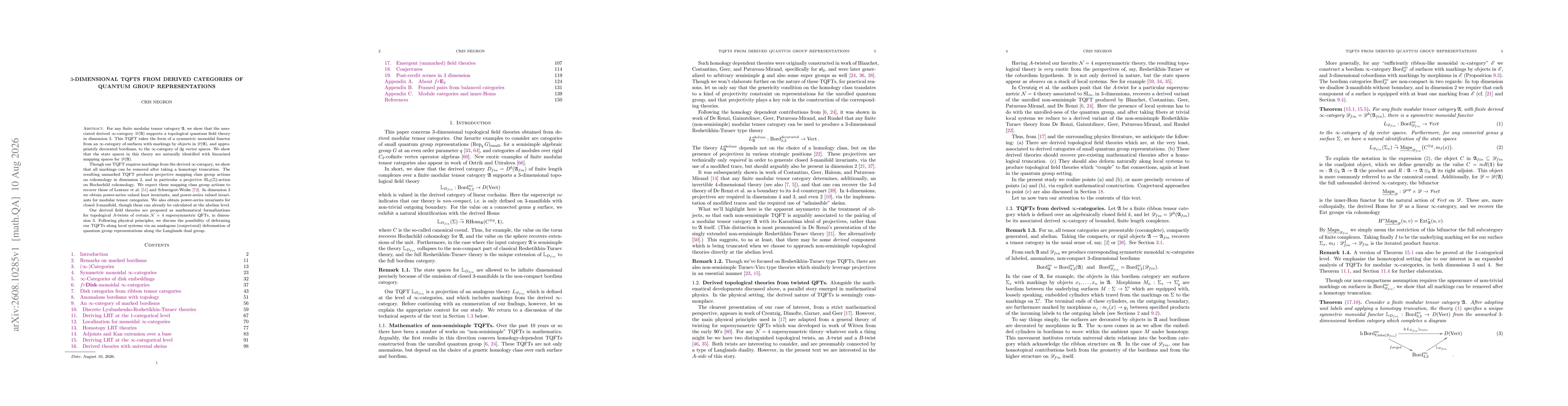 Thumbnail for 3-dimensional TQFTs from derived categories of quantum group representations