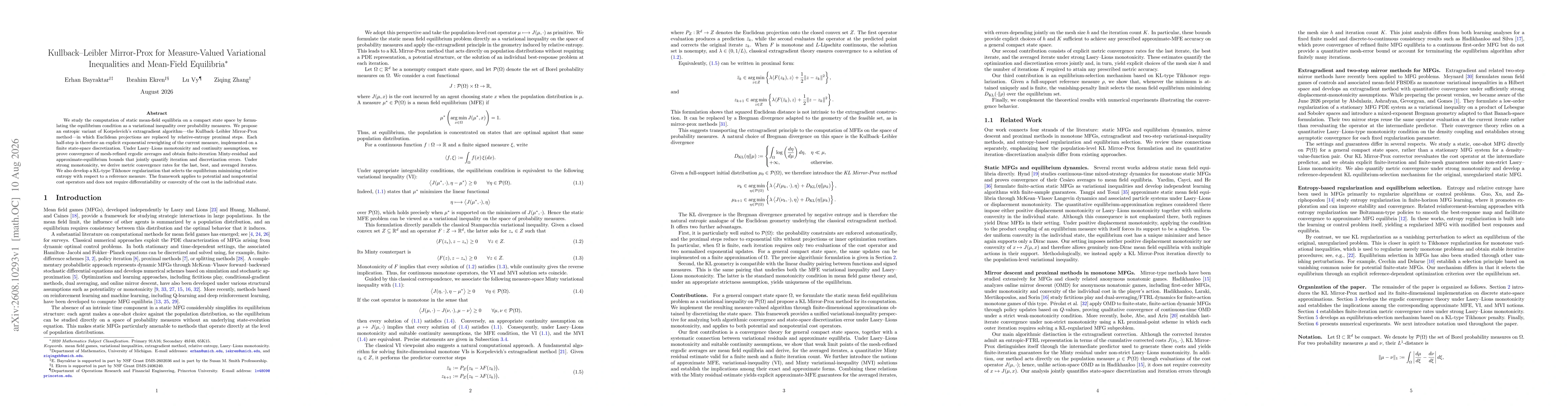 Thumbnail for Kullback-Leibler Mirror-Prox for Measure-Valued Variational Inequalities and Mean-Field Equilibria