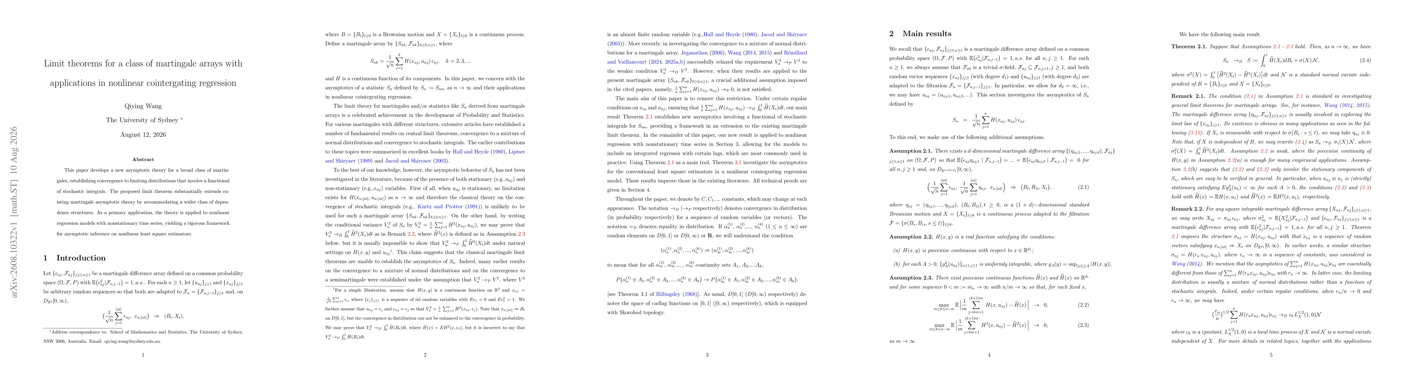 Thumbnail for Limit theorems for a class of martingale arrays with applications in nonlinear cointergating regression