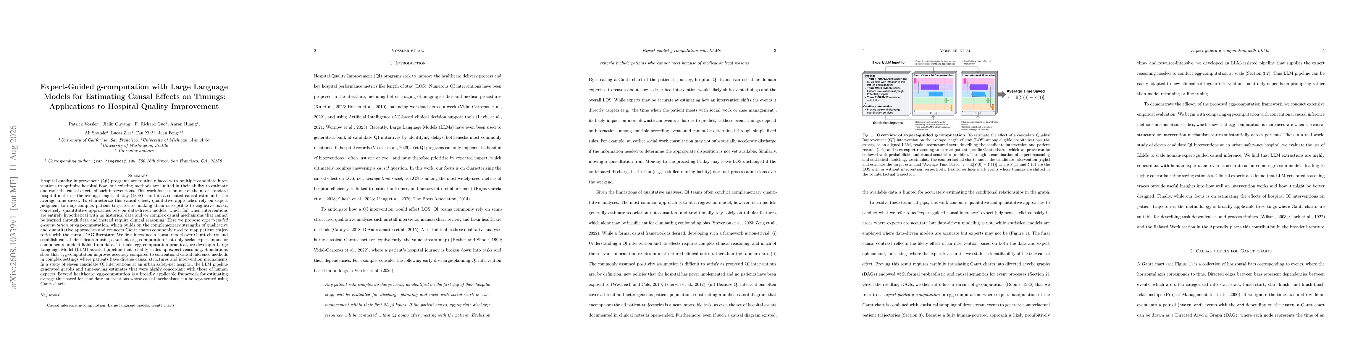 Thumbnail for Expert-Guided g-computation with Large Language Models for Estimating Causal Effects on Timings: Applications to Hospital Quality Improvement