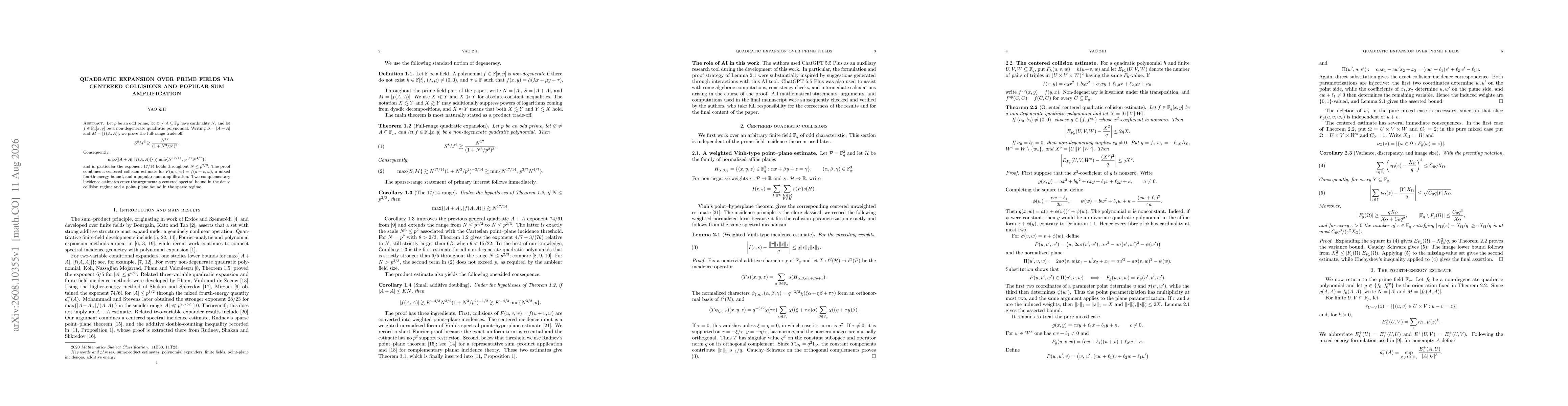 Thumbnail for Quadratic Expansion over Prime Fields via Centered Collisions and Popular-Sum Amplification