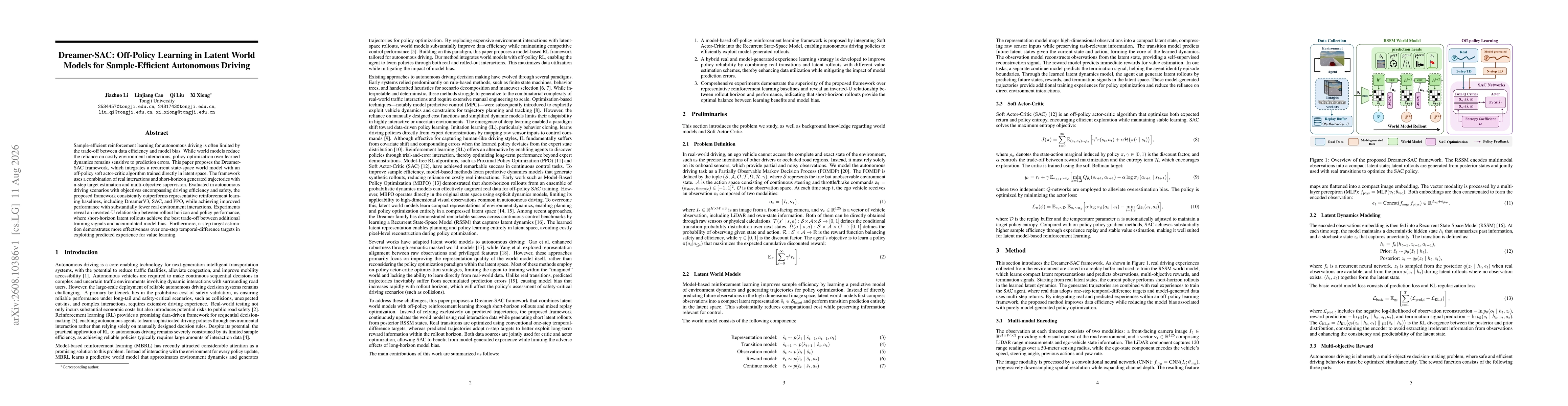 Thumbnail for Dreamer-SAC: Off-Policy Learning in Latent World Models for Sample-Efficient Autonomous Driving