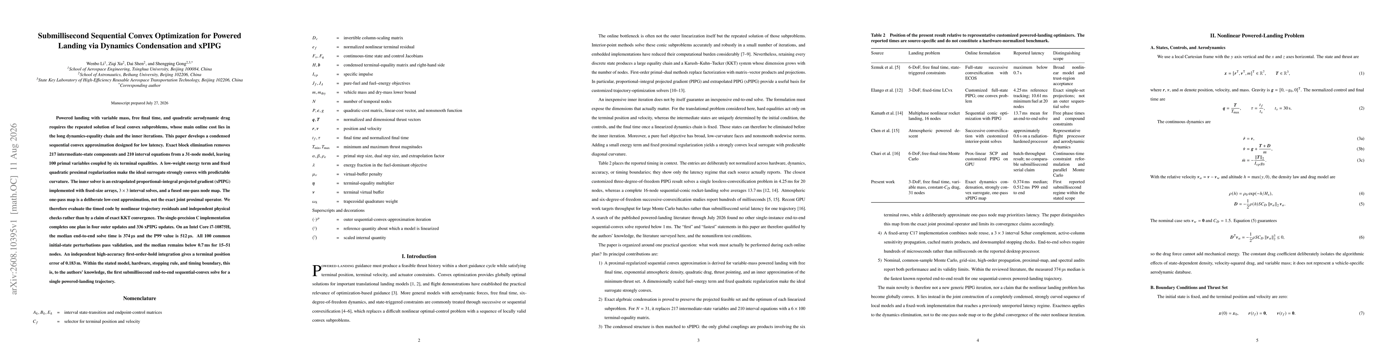 Thumbnail for Submillisecond Sequential Convex Optimization for Powered Landing via Dynamics Condensation and xPIPG