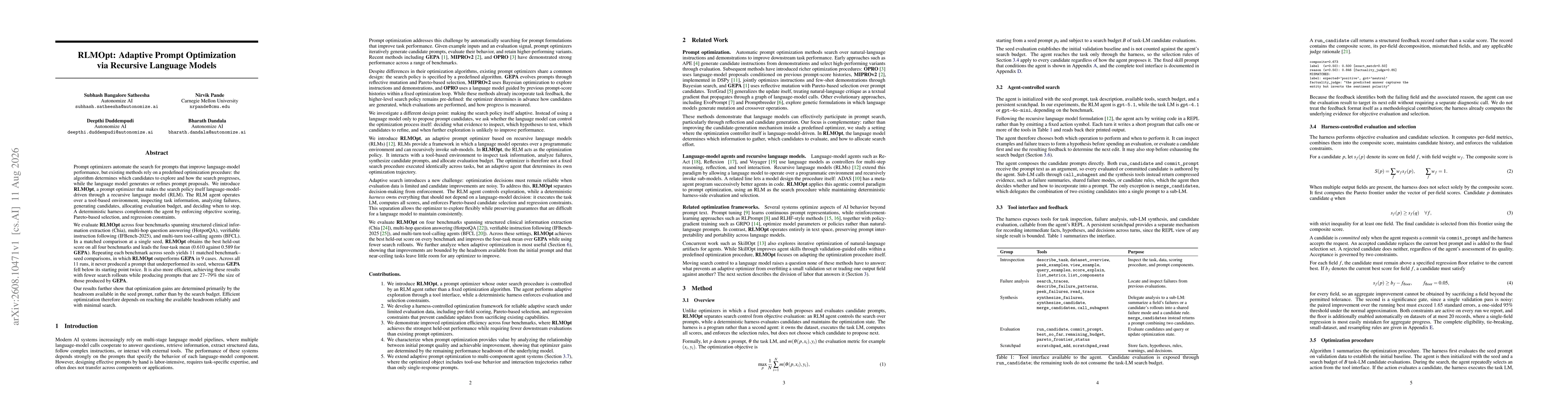 Thumbnail for RLMOpt: Adaptive Prompt Optimization via Recursive Language Models