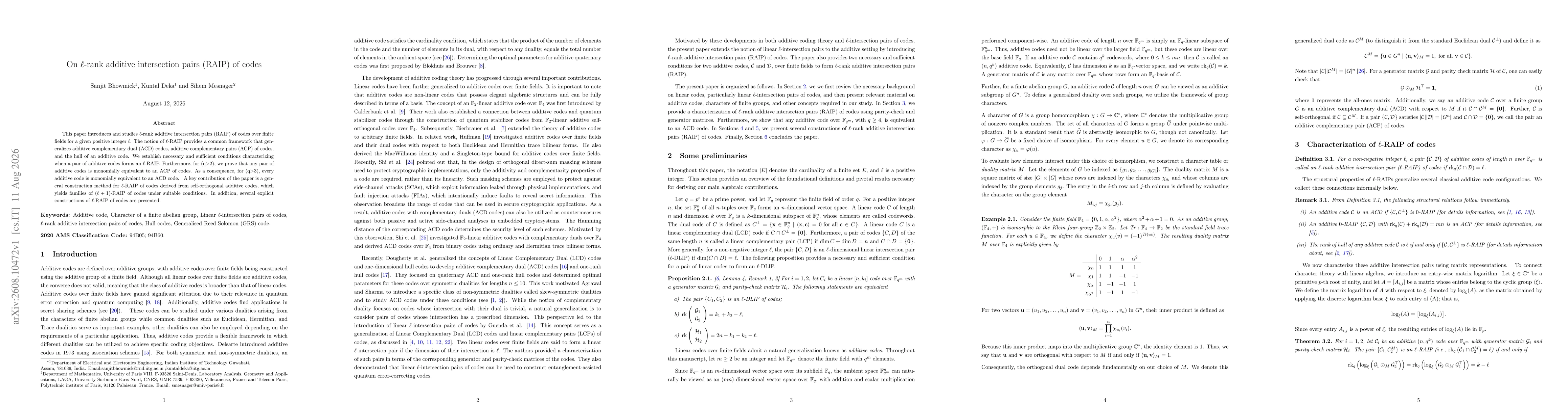 Thumbnail for On $\ell$-rank additive intersection pairs (RAIP) of codes