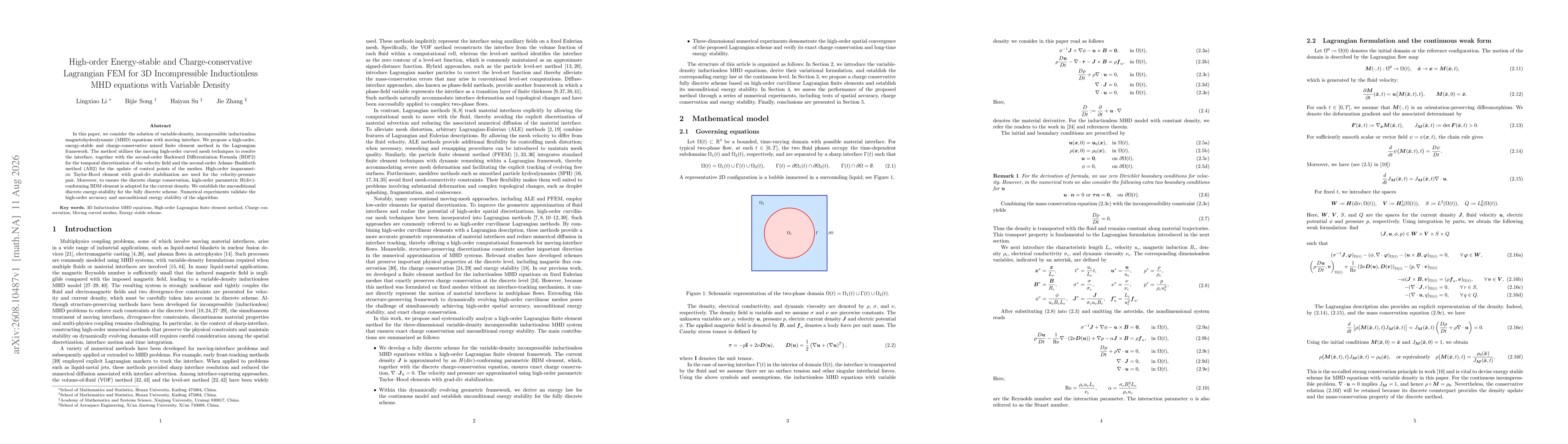 Thumbnail for High-order Energy-stable and Charge-conservative Lagrangian FEM for 3D Incompressible Inductionless MHD equations with Variable Density