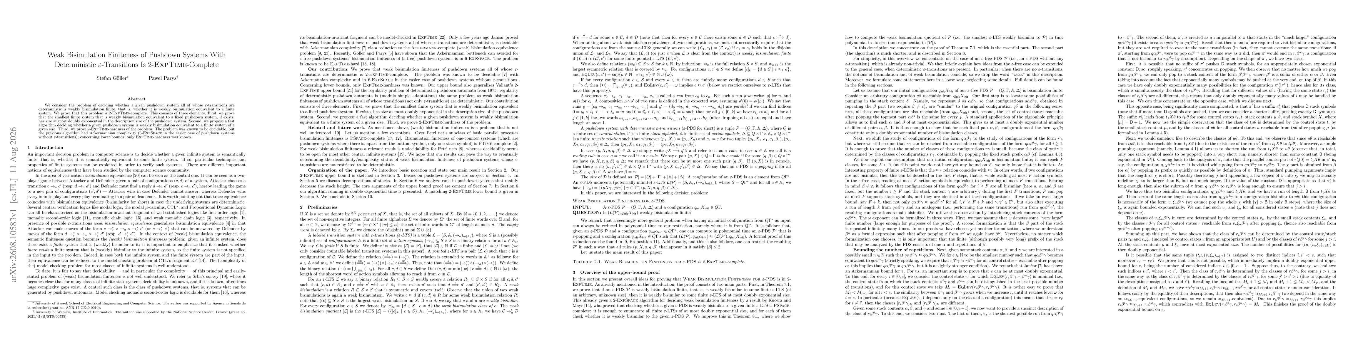 Thumbnail for Weak Bisimulation Finiteness of Pushdown Systems With Deterministic $\varepsilon$-Transitions Is 2-ExpTime-Complete