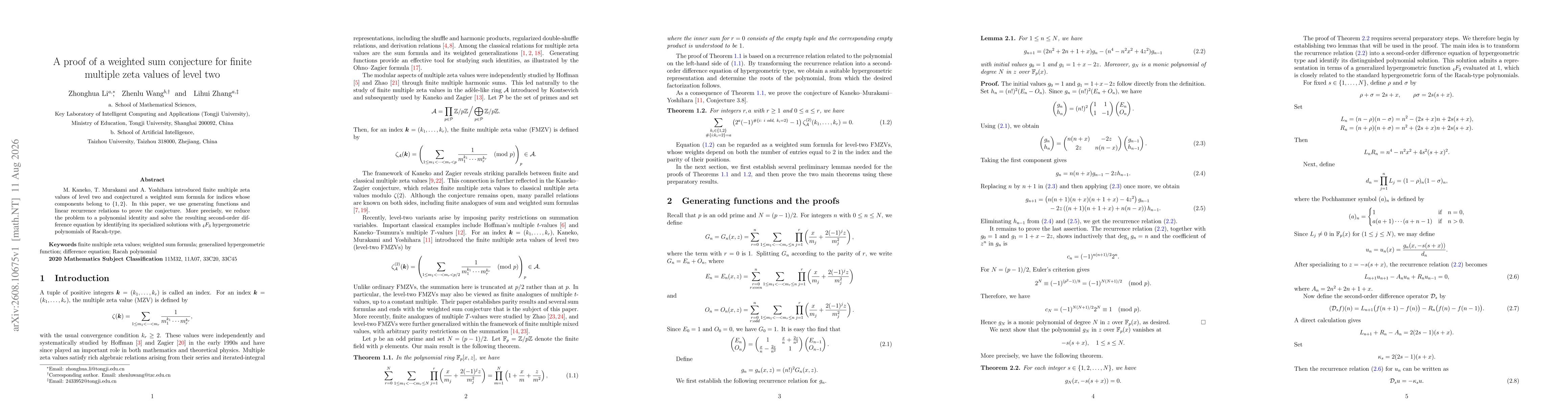 Thumbnail for A proof of a weighted sum conjecture for finite multiple zeta values of level two