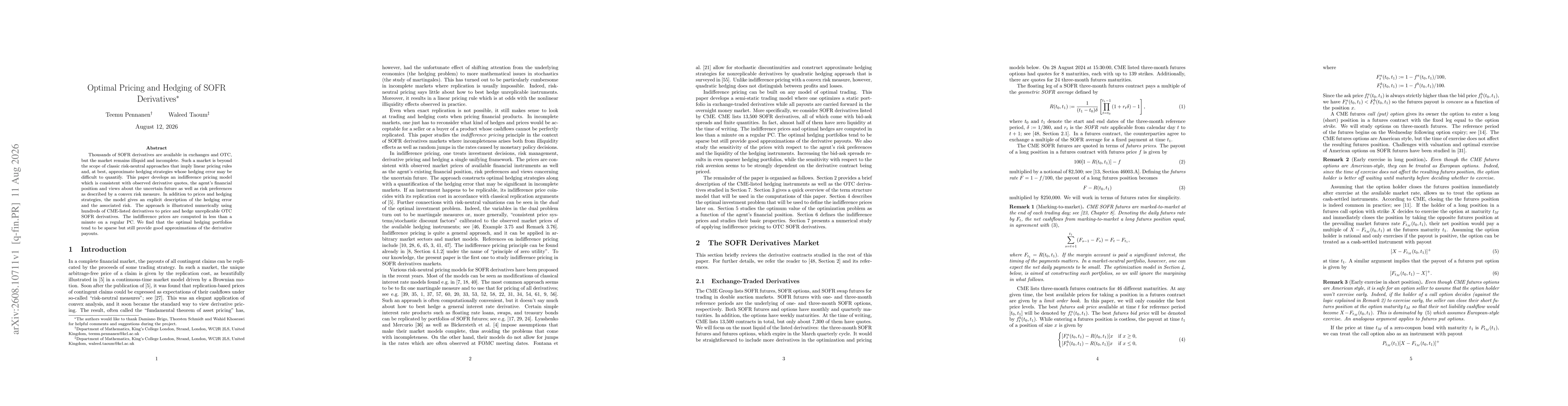 Thumbnail for Optimal Pricing and Hedging of SOFR Derivatives
