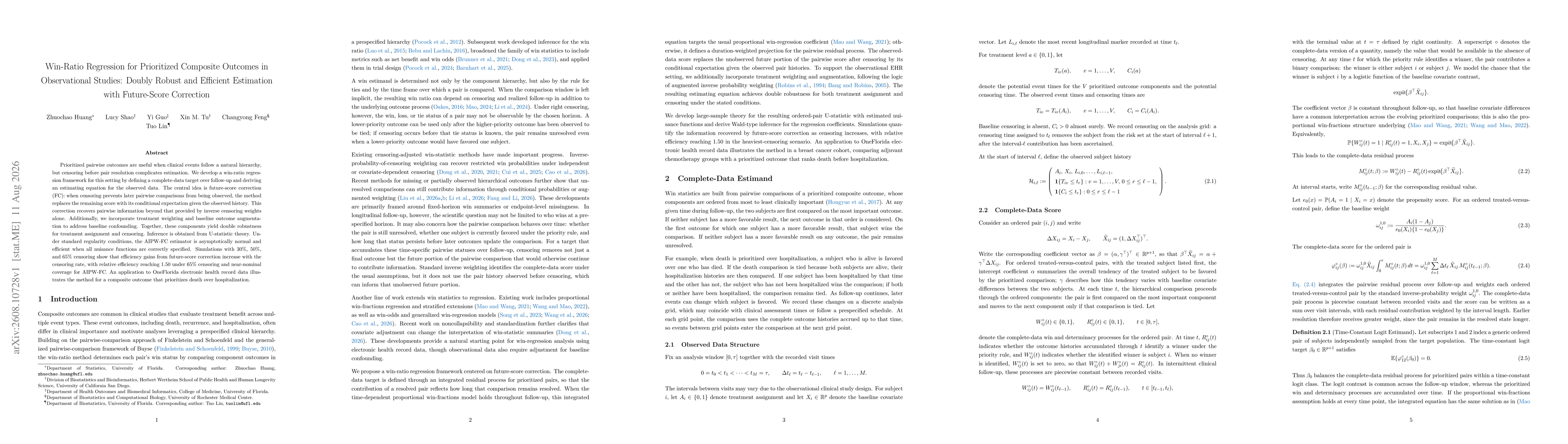 Thumbnail for Win-Ratio Regression for Prioritized Composite Outcomes in Observational Studies: Doubly Robust and Efficient Estimation with Future-Score Correction
