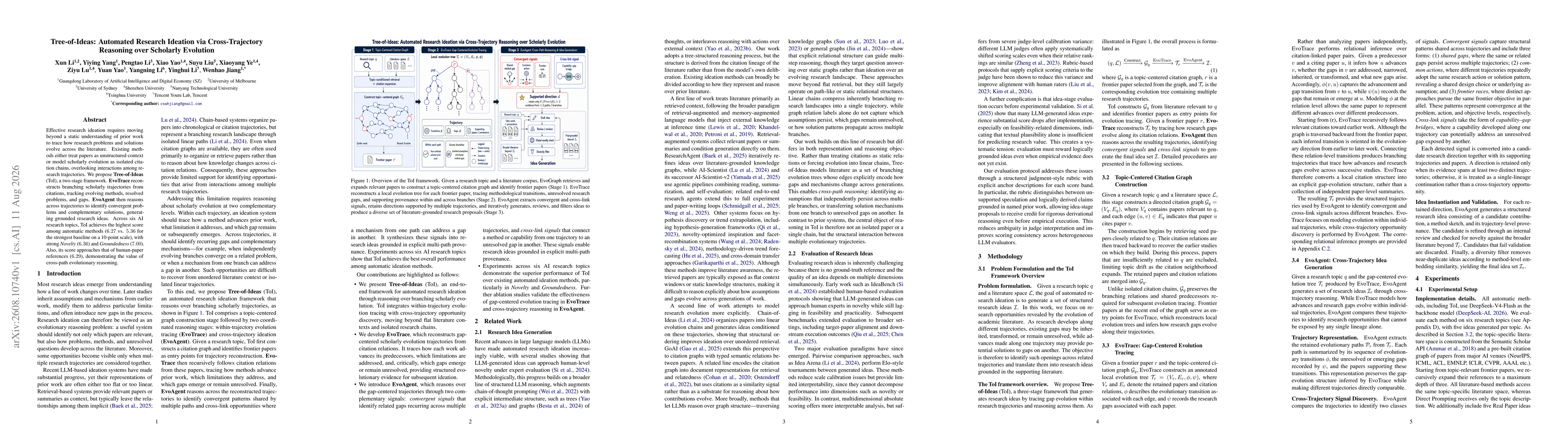 Thumbnail for Tree-of-Ideas: Automated Research Ideation via Cross-Trajectory Reasoning over Scholarly Evolution