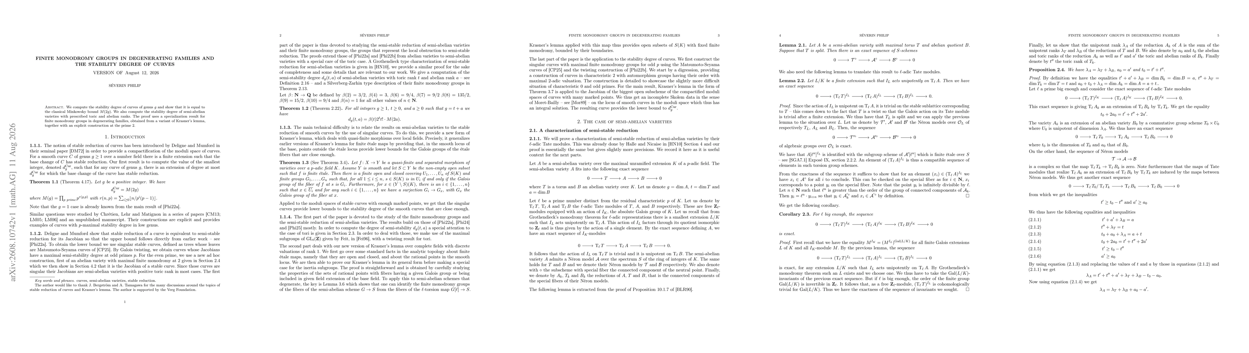 Thumbnail for Finite monodromy groups in degenerating families and the stability degree of curves