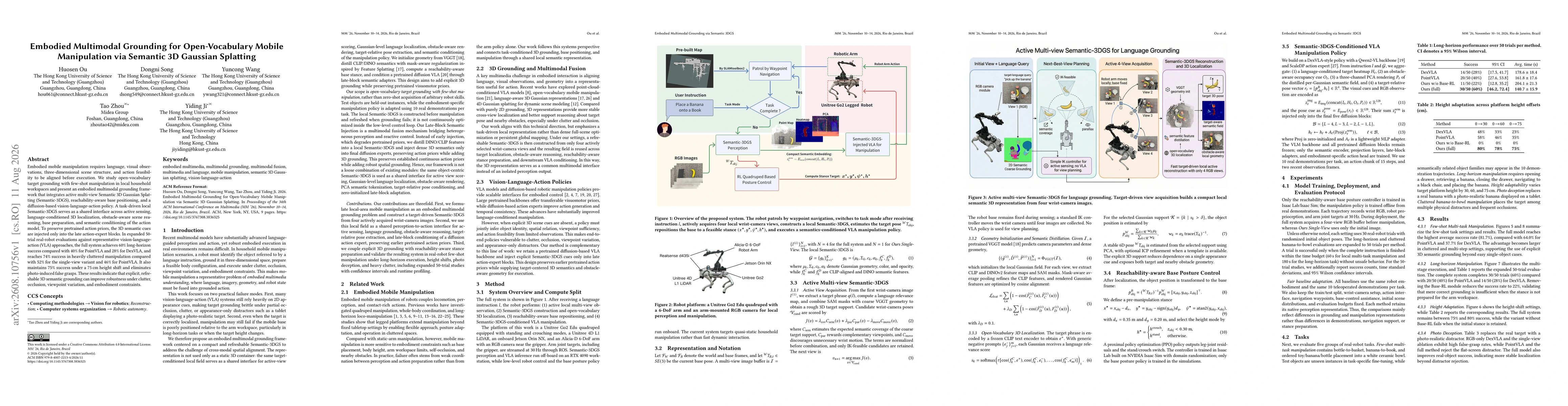 Thumbnail for Embodied Multimodal Grounding for Open-Vocabulary Mobile Manipulation via Semantic 3D Gaussian Splatting