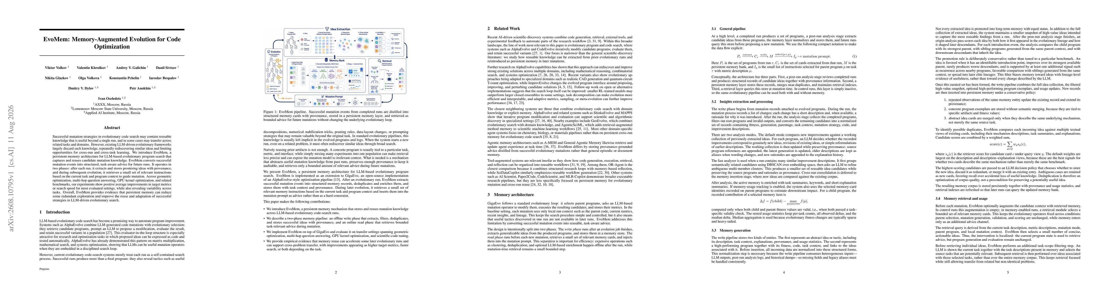 Thumbnail for EvoMem: Memory-Augmented Evolution for Code Optimization
