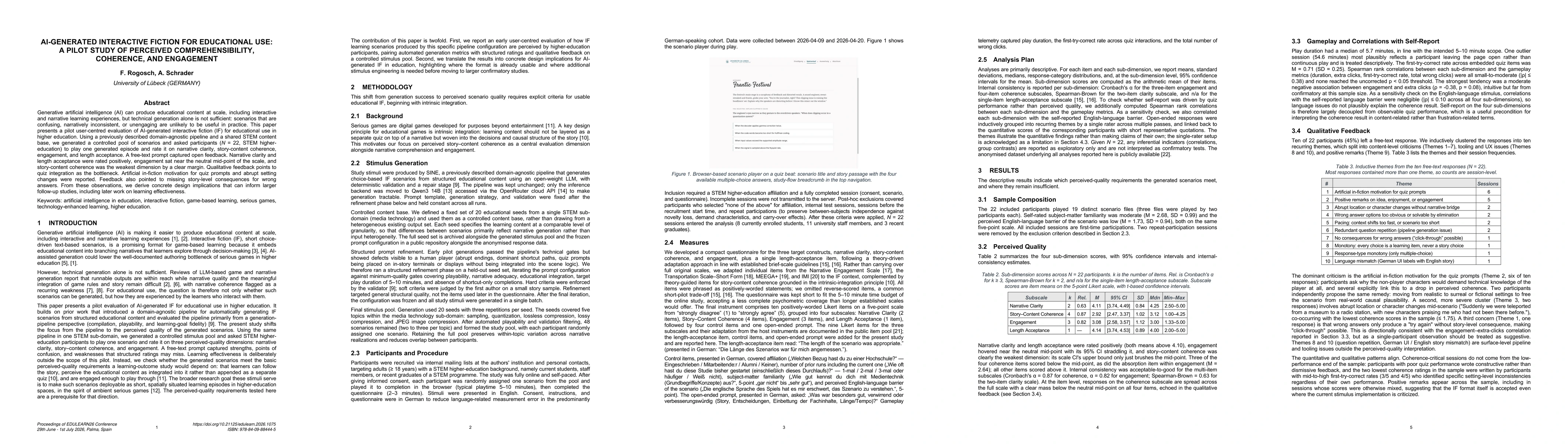 Thumbnail for AI-Generated Interactive Fiction for Educational Use: A Pilot Study of Perceived Comprehensibility, Coherence, and Engagement