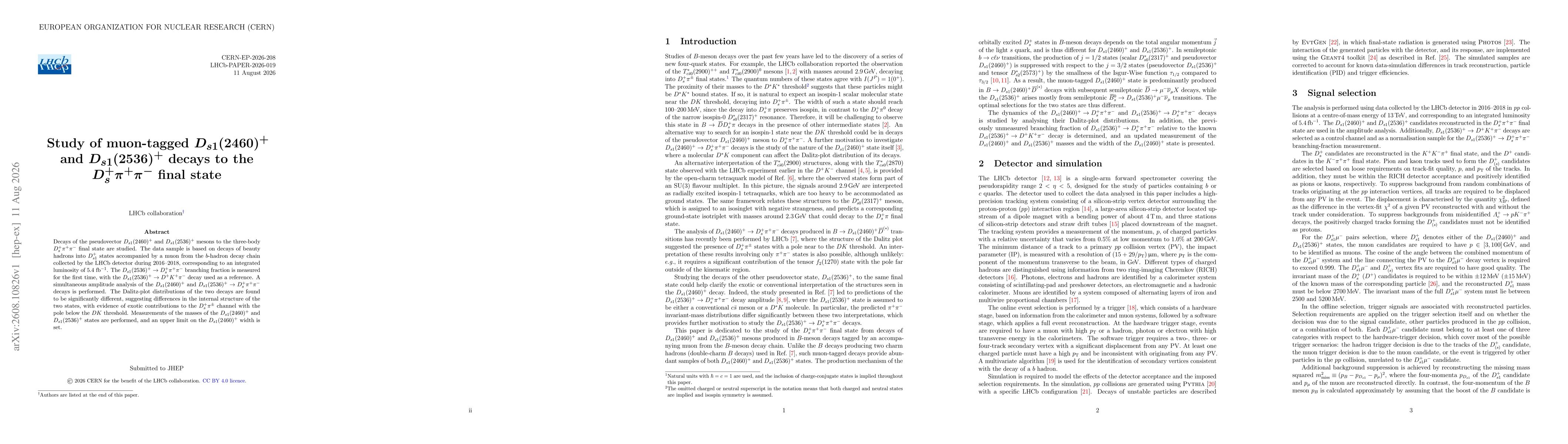 Thumbnail for Study of muon-tagged $D_{s1}(2460)^+$ and $D_{s1}(2536)^+$ decays to the $D_s^{+}π^+π^-$ final state