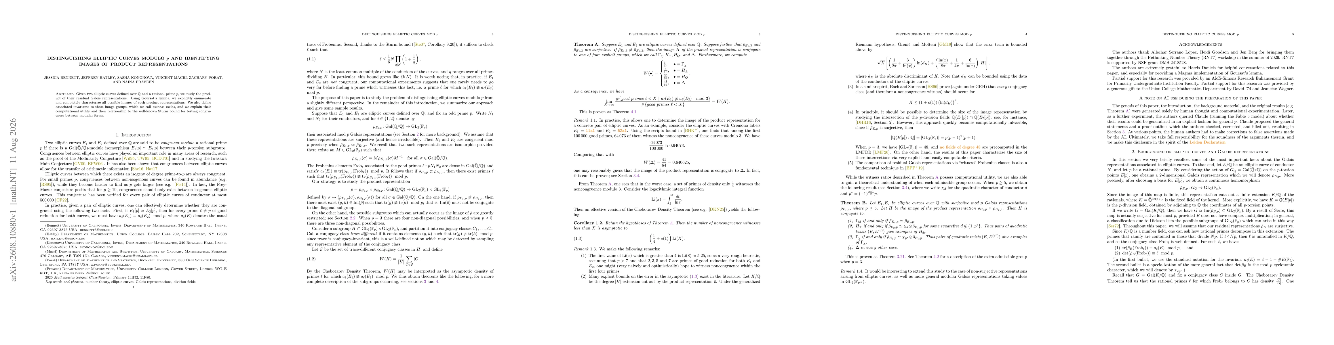 Thumbnail for Distinguishing elliptic curves modulo $p$ and identifying images of product representations