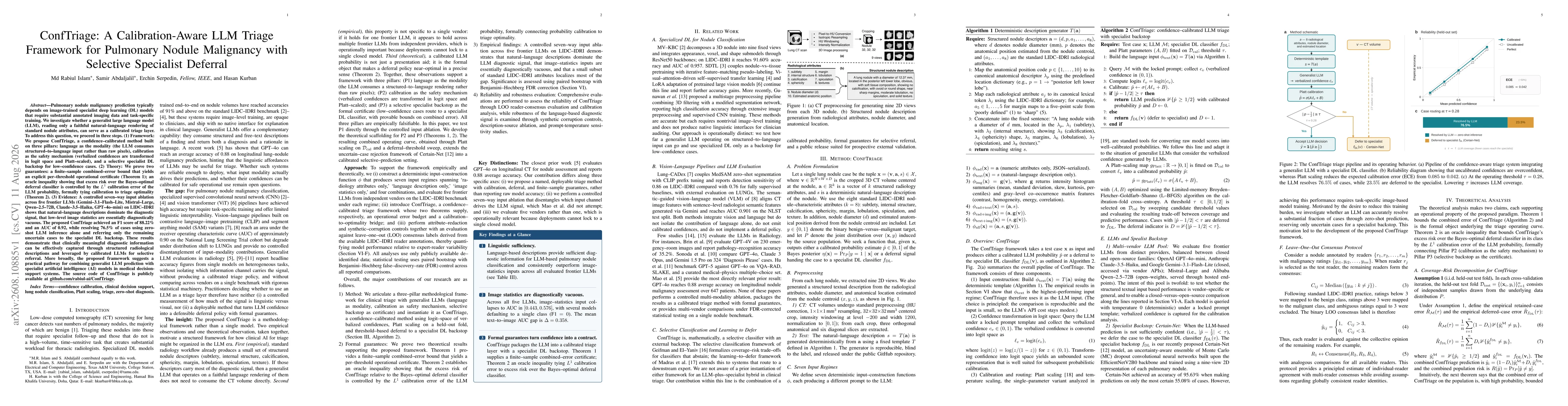 Thumbnail for ConfTriage: A Calibration-Aware LLM Triage Framework for Pulmonary Nodule Malignancy with Selective Specialist Deferral
